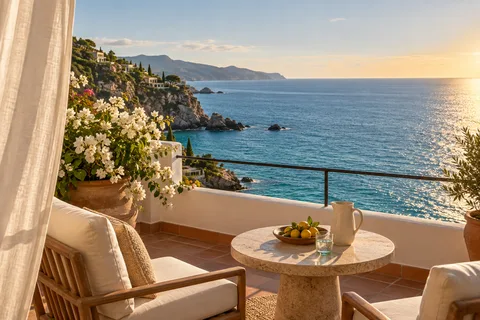Photo illustrative d’une terrasse d’hôtel donnant sur la mer.